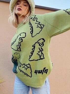 YWFG - Green Oversized Dinosaur Sweater Loose Knit Pullover